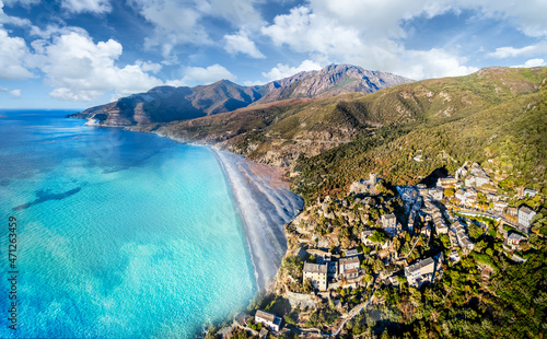Aerial view with Nonza village , Corsica island, France