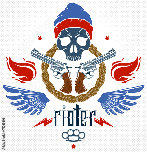 Anarchy and Chaos aggressive emblem or logo with aggressive skull, weapons and different design elements , vector vintage scull tattoo, rebel gangster criminal and revolutionary.