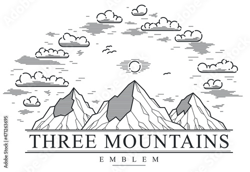 Mountain peaks line art vector emblem isolated on white, linear logo of mountains range wild nature landscape, outdoor hiking camping ant travel label.