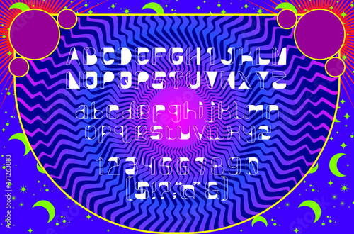 Psychedelic art (psychedelia) with uppercase, lowercase, numerals and special characters. Psychedelia is visual displays inspired by psychedelic experiences after the ingestion of psychedelic drugs