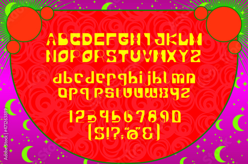 Psychedelic art (psychedelia) with uppercase, lowercase, numerals and special characters. Psychedelia is visual displays inspired by psychedelic experiences after the ingestion of psychedelic drugs