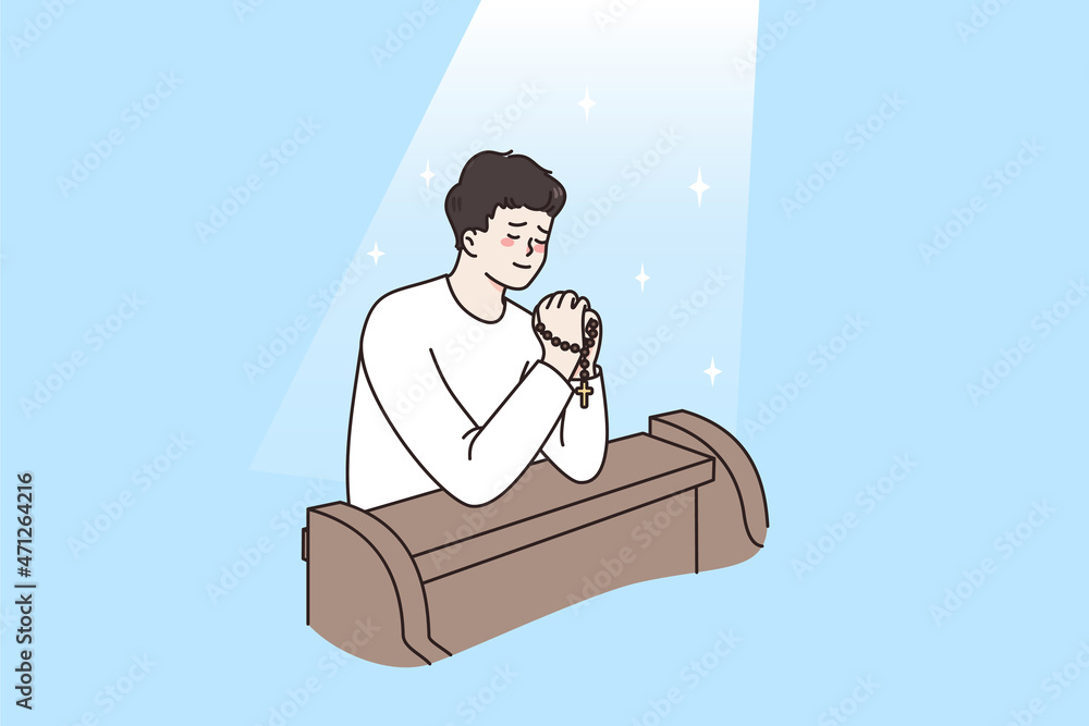 Religion and spiritual pray concept. Young relaxed man sitting with eyes closed and praying talking to god in church vector illustration Religion and spiritual pray concept. Young relaxed man sitting with eyes closed and praying talking to god in church vector illustration