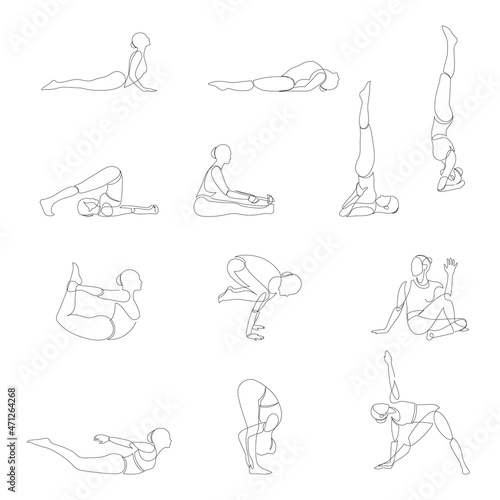 Vector illustration of Yoga poses silhouette. Continuous line yoga set. Silhouette Yoga.