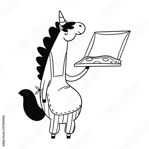 Pizza chef unicorn, funny unicorn with pizza box. Simple illustration for coloring book or pizza box design.