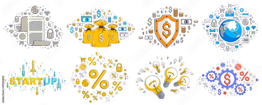 Business and finance theme different vector illustrations set with a lot of simple icons, trendy design drawings commercial theme collection, diversity of symbols and signs.