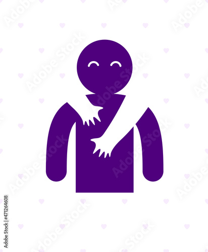 Beloved man with care hands of a lover woman hugging and caresses his shoulders, vector icon logo or illustration in simplistic symbolic style.