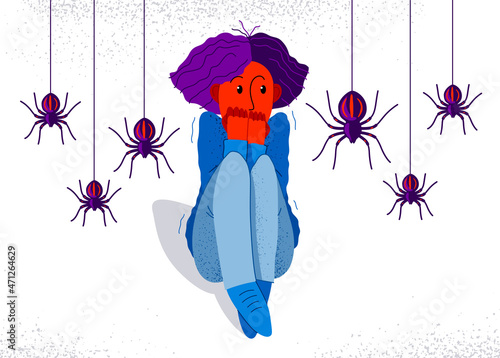 Arachnophobia fear of spiders vector illustration, girl surrounded by spiders scared in panic attack, psychology mental health concept.