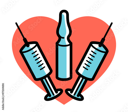 Vaccination theme vector illustration of a syringe with ampules isolated over white, epidemic or pandemic coronavirus covid 19 or flu or SARS or any other vaccine, pharmacology concept.