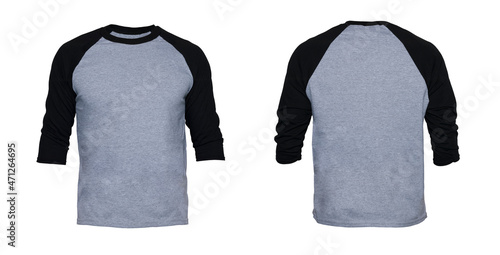 Blank sleeve Raglan t-shirt mock up templates color gray/black front and back view on white background
 photo