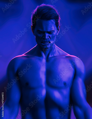 Furious muscled asian man in blue and pink coloured light. 3D rendering.