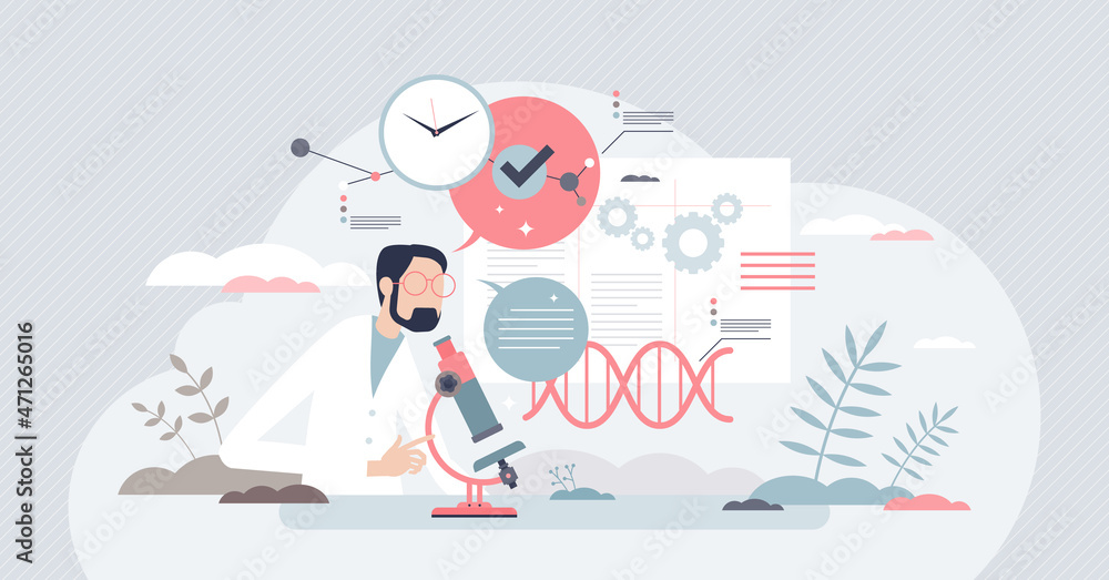 Scientific research with biochemistry test or examination tiny person concept. Professional work process with microscope and DNA gene examples vector illustration. Biological innovation breakthrough. - obrazy, fototapety, plakaty 