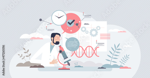 Scientific research with biochemistry test or examination tiny person concept. Professional work process with microscope and DNA gene examples vector illustration. Biological innovation breakthrough. photo