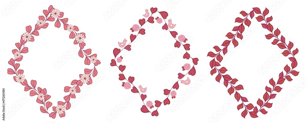 A set of decorative frames, rhombuses of red and pink on a white background, isolated pictures A set of decorative frames, rhombuses of red and pink on a white background, isolated pictures