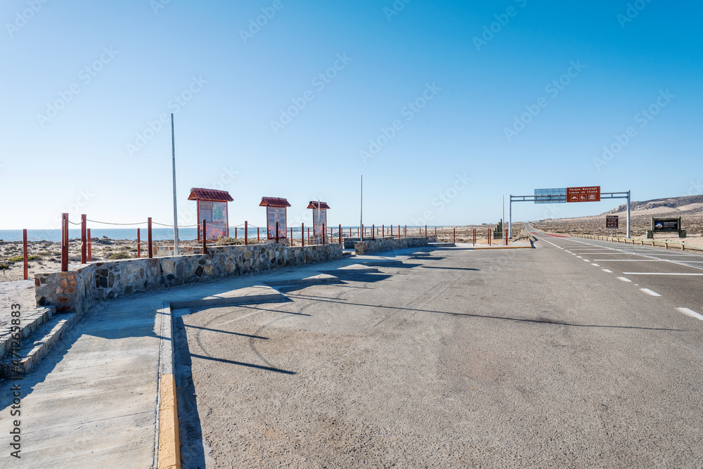 Llanos de Challe National Park road entrance or sign in Atacama Region, Chile Llanos de Challe National Park road entrance or sign in Atacama Region, Chile
