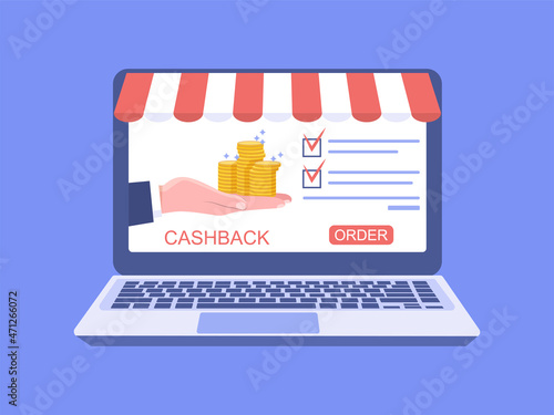 Concept for an online store. Computer and hand holding a cashback to the buyer. Vector illustration.