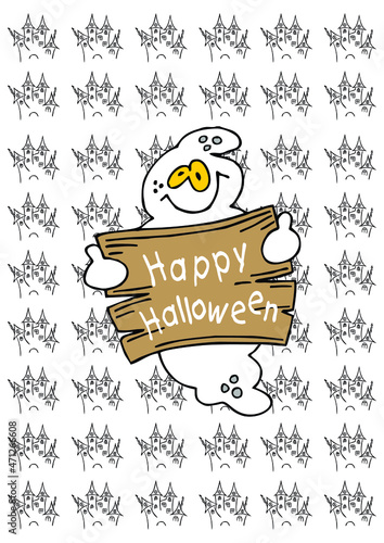 happy halloween banner held by glad ghost. halloween background