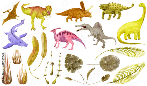Платно Dinosaurs and plants isolated on white