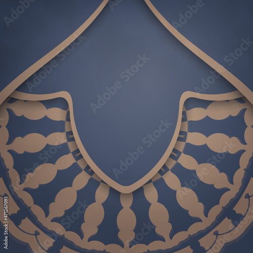 Blue color flyer with brown mandala pattern prepared for printing.