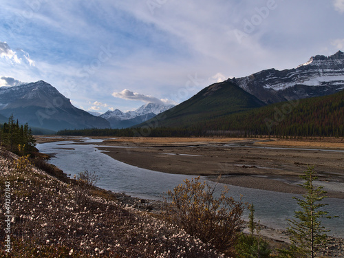 Beautiful view of Athabasca River in a valley at Icefields Parkway in Jasper National Park, Alberta, Canada with the snow-capped Rocky Mountains.
