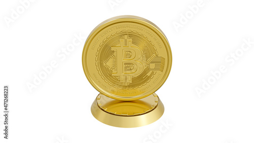 3D rendered illustration of a golden bitcoin on a round golden pedestal on white backgroound.