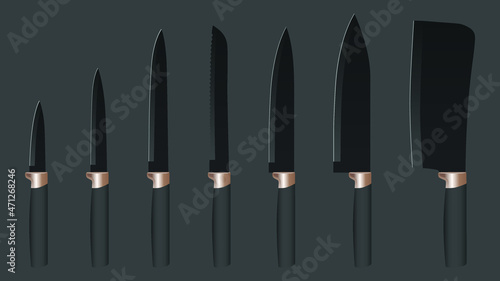 Fotografie, Obraz set of realistic kitchen knives isolated on black, Vector illustration, chef kni