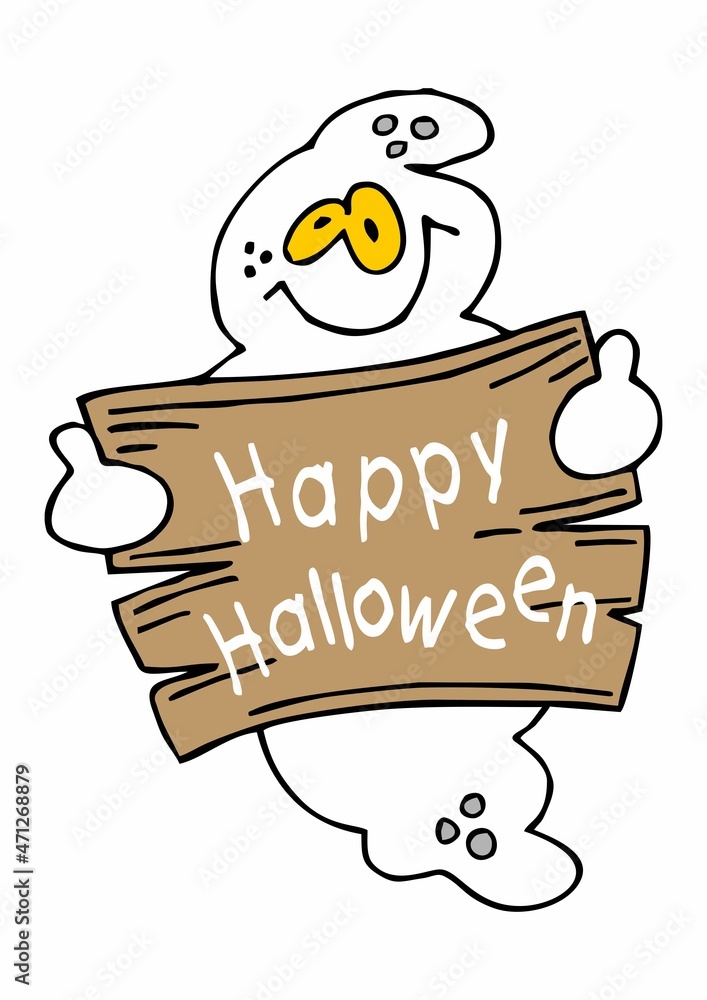 Naklejka premium halloween ghost holding happy halloween poster