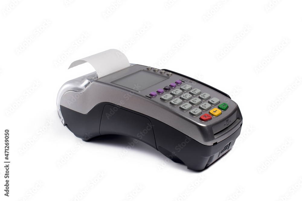 bank terminal for card purchases and NFC, with installed paper for checks. isolated on white. bank terminal for card purchases and NFC, with installed paper for checks. isolated on white.