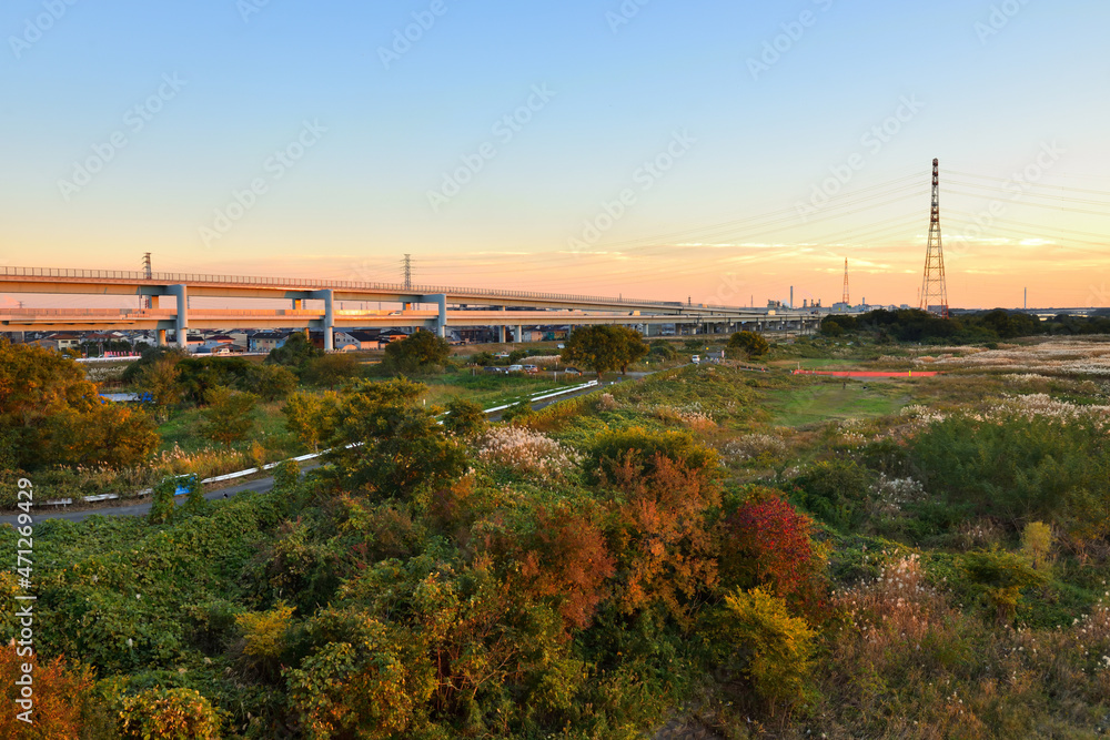 Obraz premium 相模川川岸の紅葉と夕日に染まる圏央道