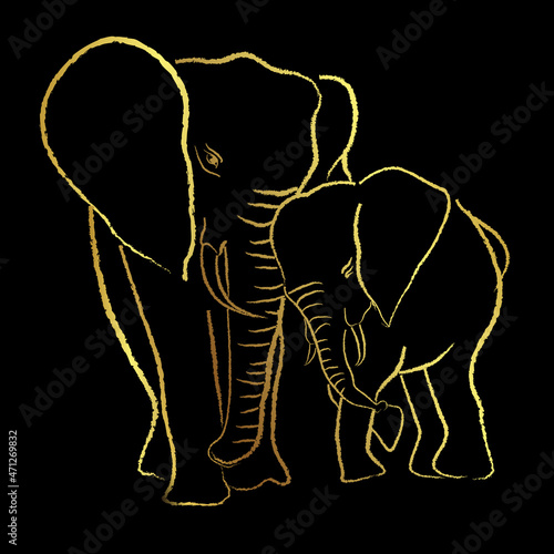 African elephants painting brush stroke ,vector design with golden border