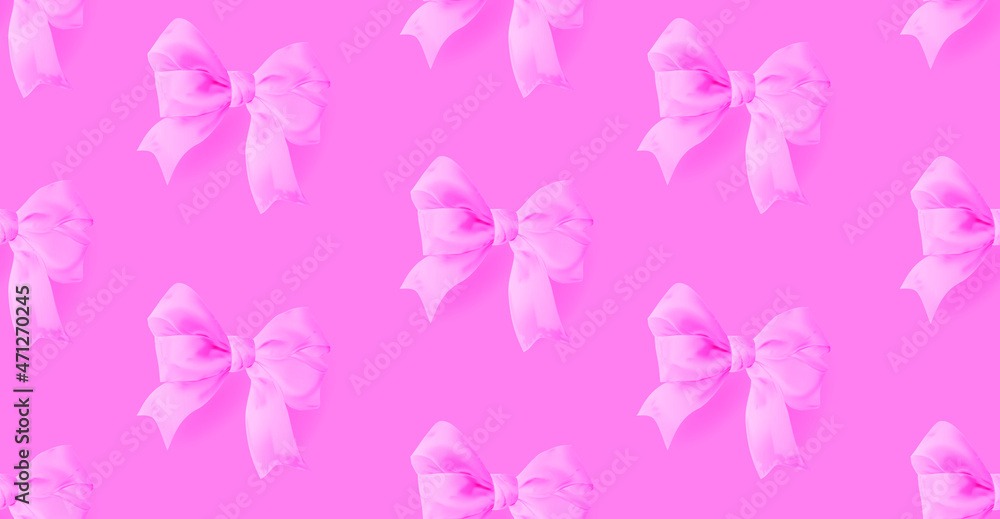 Realistic yellow 3d bows on a pacific pink background. Seamless patterns. Vector. Realistic yellow 3d bows on a pacific pink background. Seamless patterns. Vector.