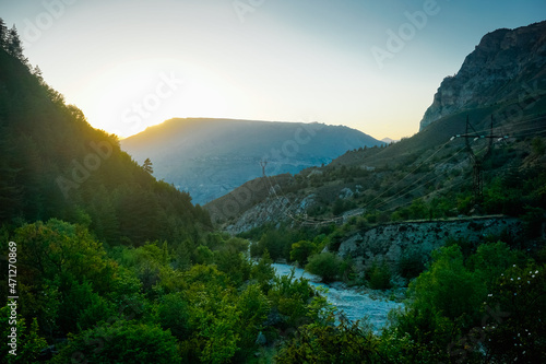 Beautiful sunset over a green valley in Dagestan