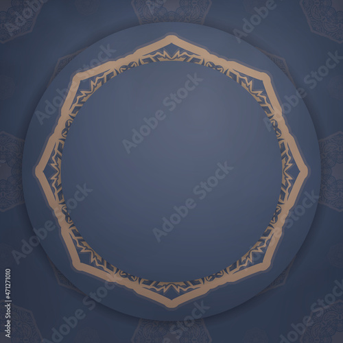 Blue postcard with brown mandala pattern prepared for printing.