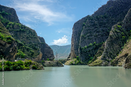 Gunib reservoir and sheer cliffs in Dagestan