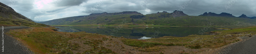 View of the fjord Berufjordhur at Djupivogur on Iceland, Europe
