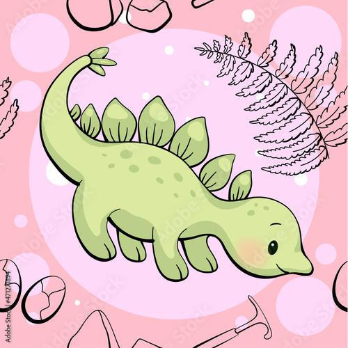 Seamless pattern with cute dinosaur. Stegosaurus in kawaii style. Vector