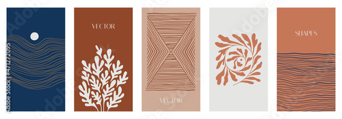 Vector illustration in simple modern style - vertical abstract backgrounds and graphic prints - decorative frames with copy space for text for social media stories in boho minimal style