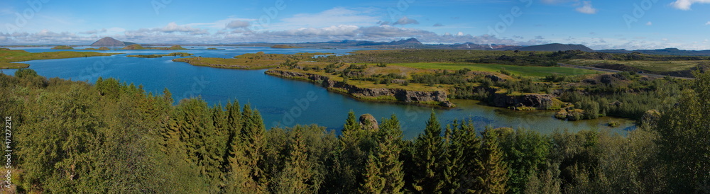 View of Lake Myvatn from Höfdi promontory in Iceland, Europe

