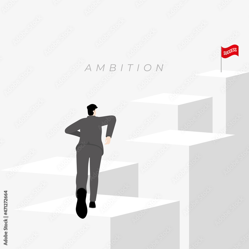Back view of businessman runs on messy cubic step aim to target with successful red flag on top. The business concept of ambition, challenge, achievement, motivation. Vector illustration flat minimal. Back view of businessman runs on messy cubic step aim to target with successful red flag on top. The business concept of ambition, challenge, achievement, motivation. Vector illustration flat minimal.