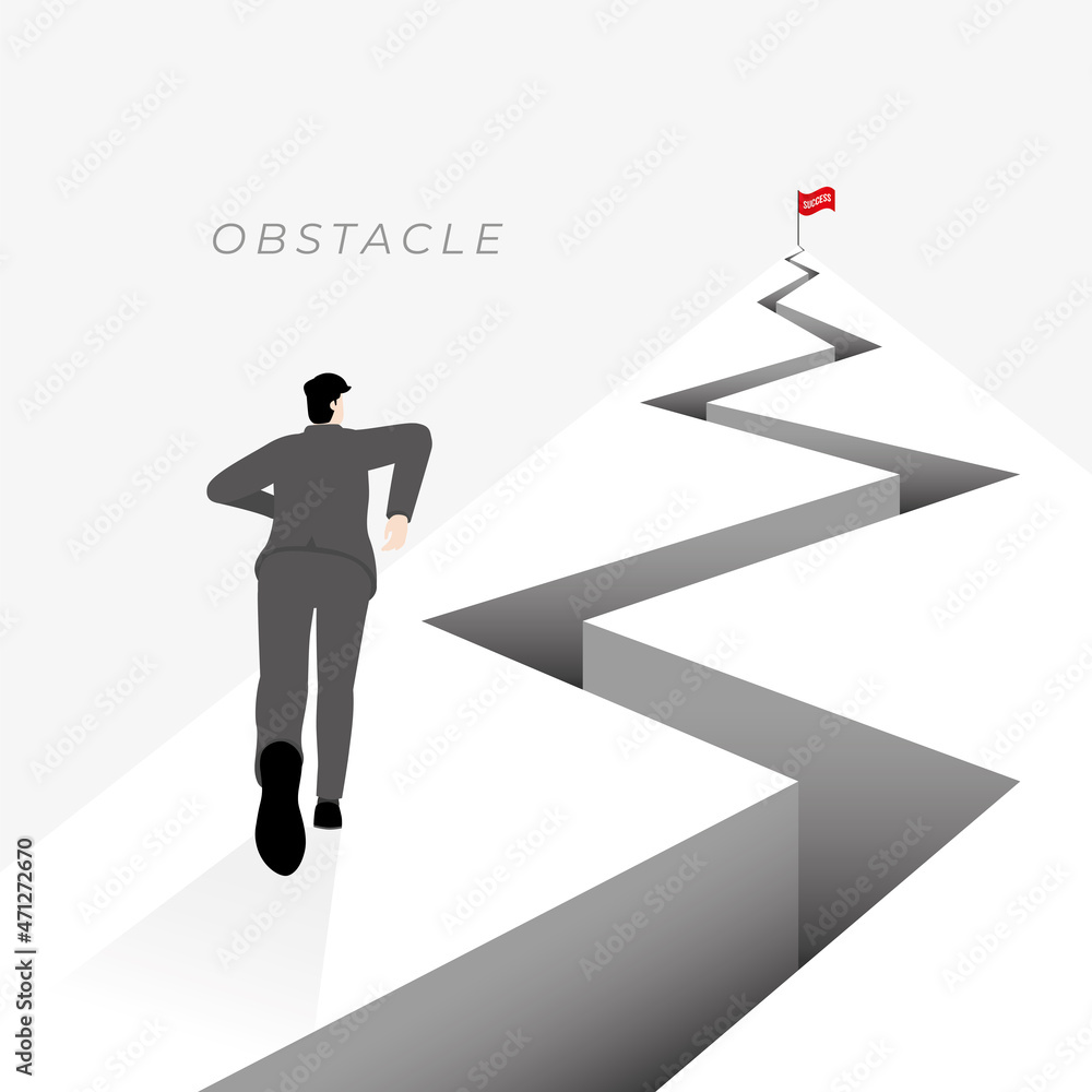 Vector minimal style back view of businessman runs up a mountain with obstacle, crack, split land, trap, hole and red flag on top. The business concept of ambition, challenge, achievement, motivation.