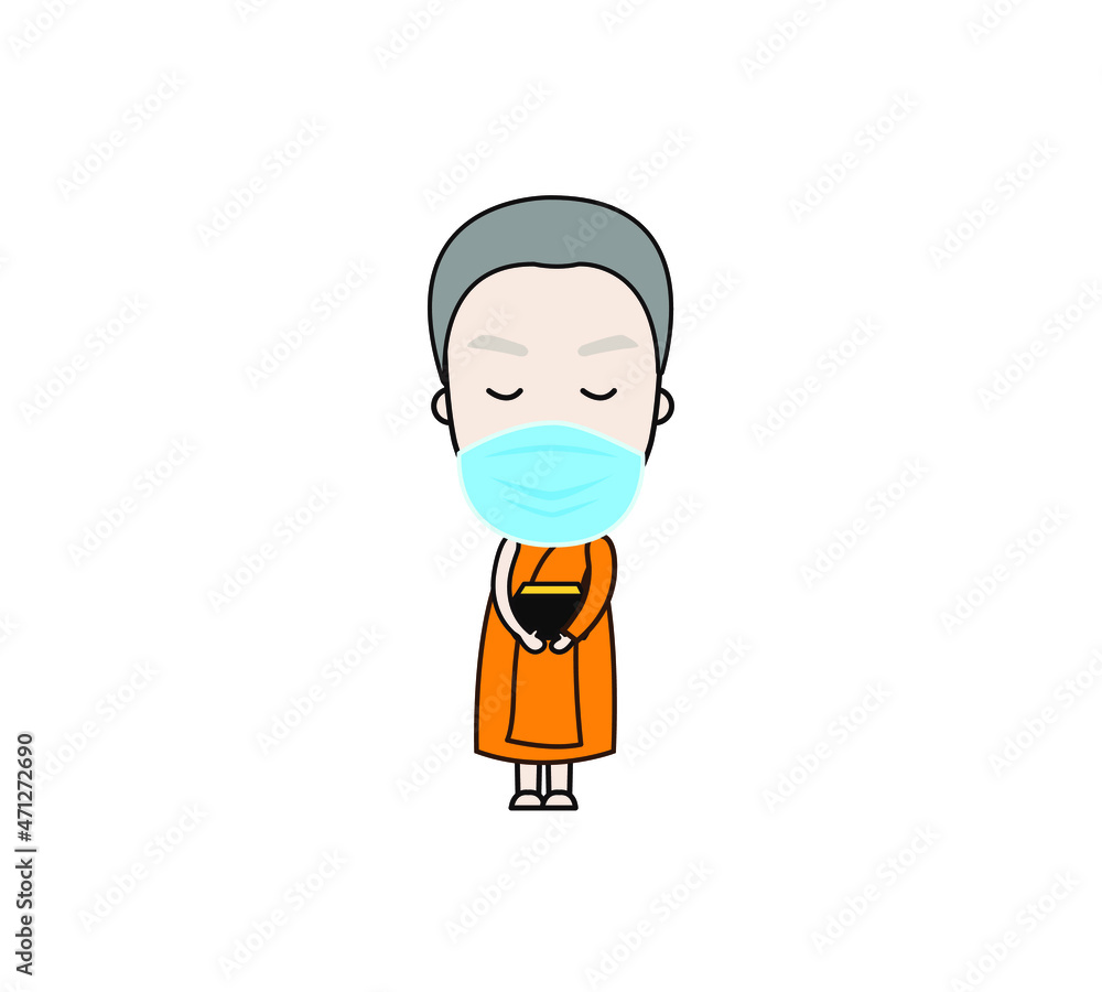 Thai monk put face mask virus protection. Vector illustration Thai monk put face mask virus protection. Vector illustration