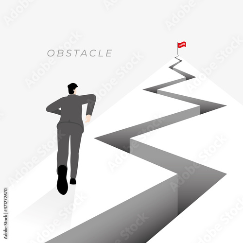 Vector minimal style back view of businessman runs up a mountain with obstacle, crack, split land, trap, hole and red flag on top. The business concept of ambition, challenge, achievement, motivation.