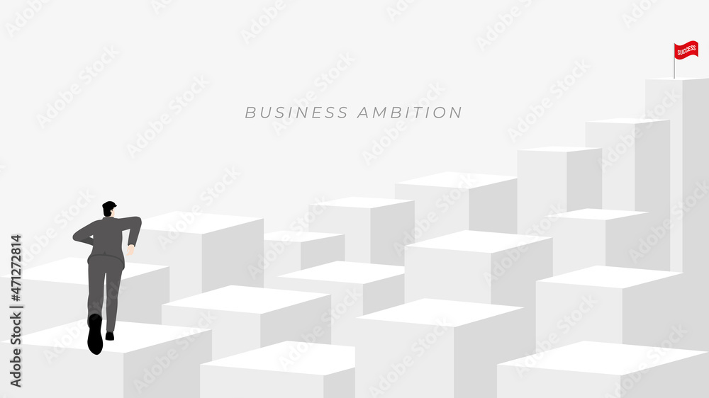Back view of businessman runs on messy cubic step aim to target with successful red flag on top. The business concept of ambition, challenge, achievement, motivation. Vector illustration flat minimal. Back view of businessman runs on messy cubic step aim to target with successful red flag on top. The business concept of ambition, challenge, achievement, motivation. Vector illustration flat minimal.