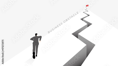 Vector minimal style back view of businessman runs up a mountain with obstacle, crack, split land, trap, hole and red flag on top. The business concept of ambition, challenge, achievement, motivation.