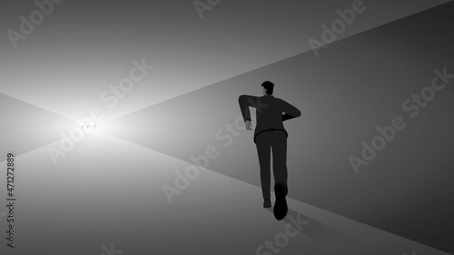 Back view of businessman runs aim to a very far target with light at the exit of the tunnel. The business concept of ambition, challenge, achievement, motivation. Vector illustration minimal style.