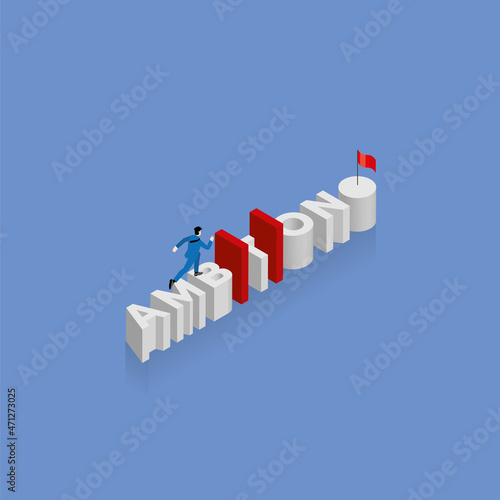 Businessman runs aim to target on the word AMBITION, arrange in alphabet order with red obstacles barrier and red flag at the end. The business concept of success, challenge, achievement, motivation.