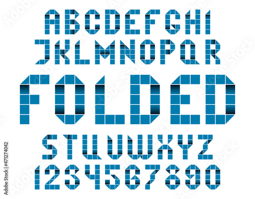 Folded tape typography. Set of 26 capital letters of Latin alphabet and 10 numbers.
