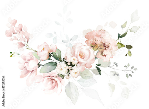 Set watercolor arrangements with garden roses. collection pink flowers, leaves, branches. Botanic illustration isolated on white background. photo