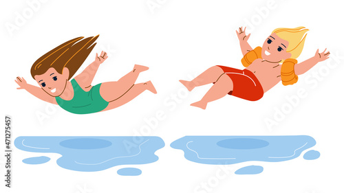 Boy And Girl Children Jumping Into Water Vector. Preteen Schoolboy And Schoolgirl Kids Jump Into Swimming Pool Water. Characters Funny Playful Time On Vacation Flat Cartoon Illustration