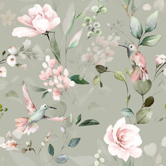 Keuken achterwand Vintage bloemen patronen seamless floral watercolor pattern with garden pink flowers roses, leaves, birds, branches. Botanic tile, background.  © lisima