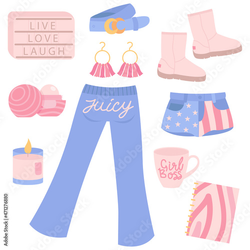 Set of cheugy elements: cup, shorts, lip balm, belt and another untrendy things. Typical things that are outdated for a new generetion Z. New English word.